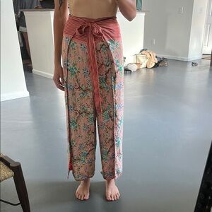 Floral Wide-Leg Pants with Striped Waistband